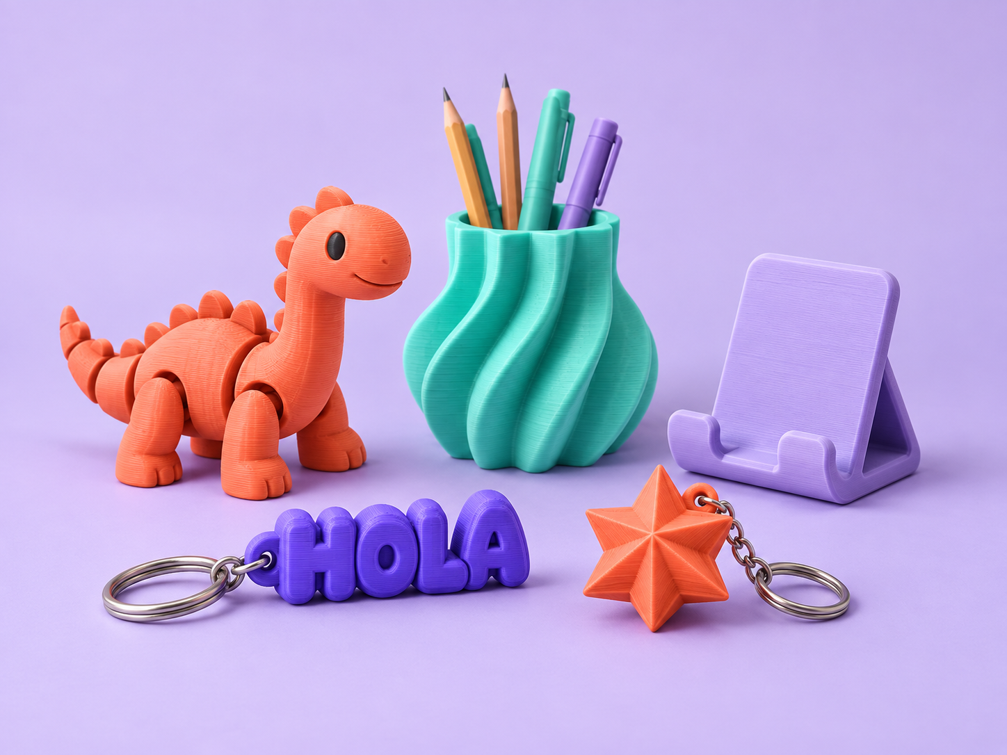 Productos PUMI: dinosaurio, llavero, organizador y soporte